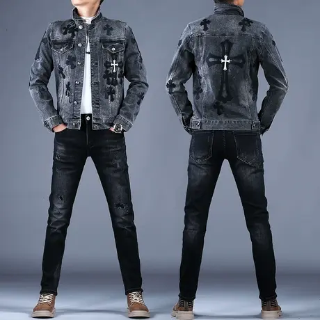 男士刺绣十字架牛仔套装男灰色休闲牛仔上衣夹克外套高端潮牌春秋图片