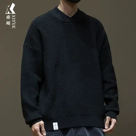 希越华夫格毛衣男V领750g重磅线衣春秋宽松大码日系潮流针织衫潮商品大图