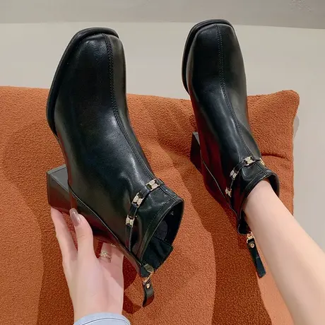 气质粗跟黑色短靴女鞋子2023秋冬新款裸靴单款高跟鞋配裙子时装靴商品大图