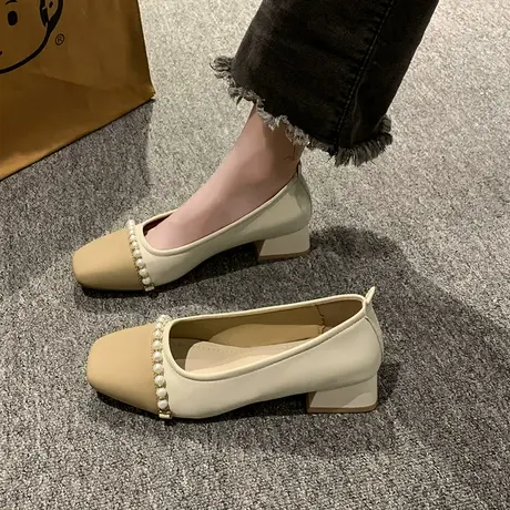 玛丽珍鞋女夏季2023年新款粗跟珍珠防滑单鞋拼色时尚气质小皮鞋潮商品大图
