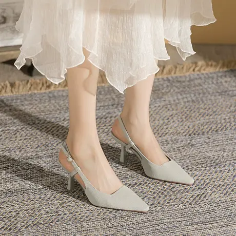 包头不累脚凉鞋女2023年夏季新款法式气质单鞋尖头细跟后空高跟鞋图片