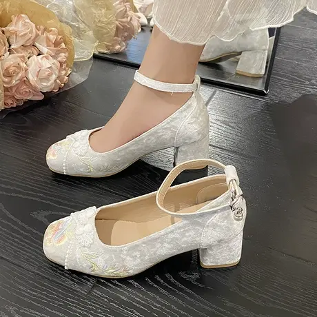 2023秋季新款女鞋配旗袍汉服鞋绣花鞋粗跟高跟单鞋女法式玛丽珍鞋商品大图