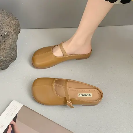 法式ins包头半拖鞋女夏外穿2023韩版圆头软皮平底温柔百搭穆勒鞋商品大图