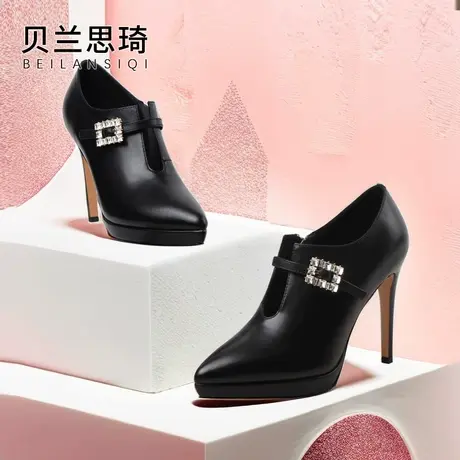 真皮尖头水钻厚底细跟单鞋女2024春秋季新款深口性感防水台高跟鞋图片
