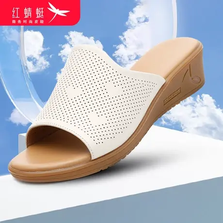 红蜻蜓外穿镂空拖鞋女透气真皮软底坡跟中年妈妈厚底凉鞋奶奶鞋子商品大图