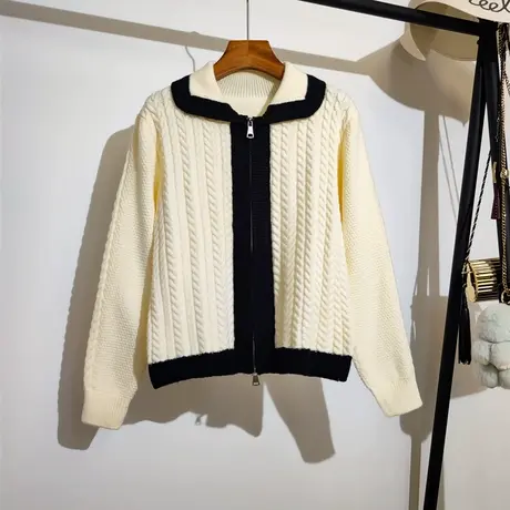 双拉链翻领针织开衫女2023春秋新款复古撞色宽松长袖麻花毛衣外套商品大图