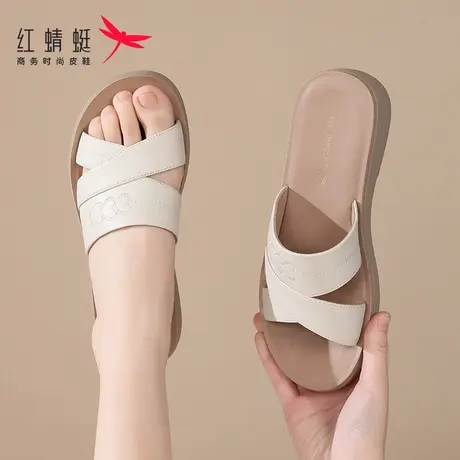 红蜻蜓女士平底一字拖拖鞋女2025新款外穿夏季凉拖鞋真皮妈妈时尚商品大图