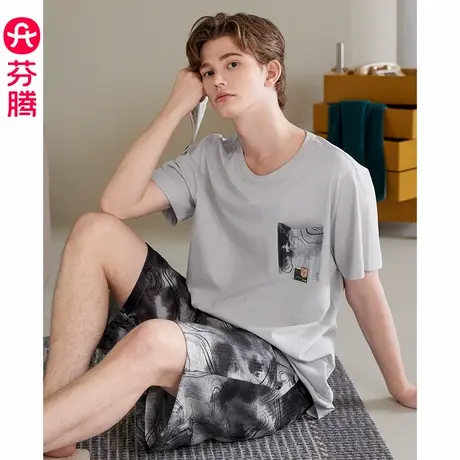 芬腾睡衣男士夏季纯棉短袖薄款套装青年男款休闲可外穿大码家居服商品大图