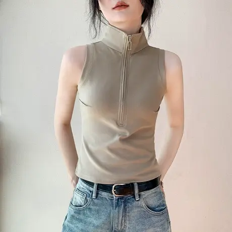 拉链设计感立领无袖背心女2025春夏新款纯色别致修身开衫内搭上衣商品大图