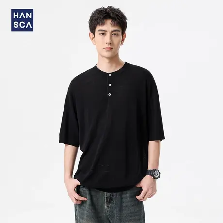 hansca 高端14针透气凉感亨利领短袖t恤男2025夏季亚麻莱赛尔上衣商品大图