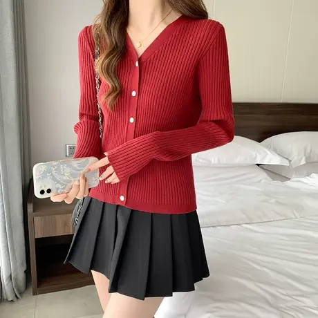唐狮打底衫V领门襟长袖打底衫女新款春季白色坑条毛线衫设计感商品大图