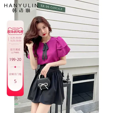 韩语琳空间法式泡泡袖设计感小众蝴蝶结衬衣宽松显瘦短袖雪纺衫商品大图