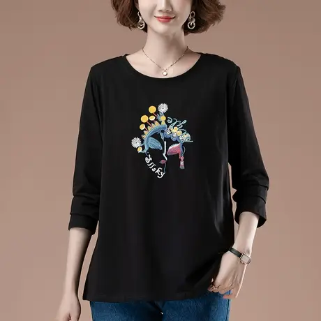 春秋加肥加大码女装长袖t恤刺绣纯棉宽松民族风遮肚子显瘦打底衫商品大图