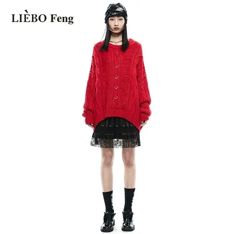 裂帛LIEBOFeng2023年春Lucky红色宽松显瘦遮肉气质简约套头针织衫图片