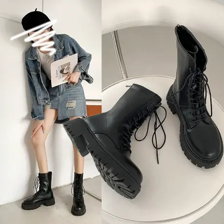 靴子夏款女2023新款英伦风厚底增高粗跟短筒马丁靴黑色复古瘦瘦靴图片