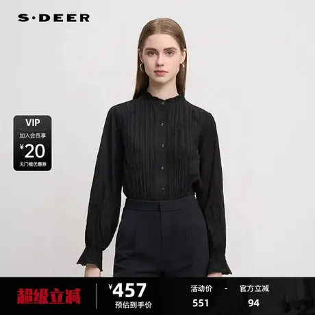 sdeer圣迪奥女装木耳边圆领风琴褶绣花衬衫S24380514商品大图