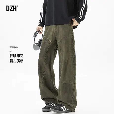 男士军绿色工装裤男直筒休闲裤脏脏裤痞帅设计感vibe裤子男款秋季商品大图
