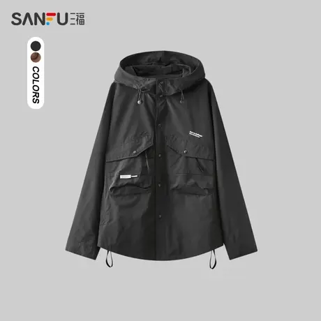 三福2023秋男士口袋车标连帽工装夹克 街头潮流宽松外套476484图片