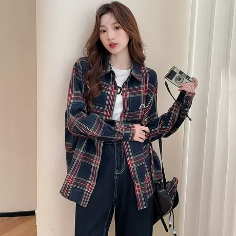唐狮20525秋季藏青格子衬衫女外穿春秋衬衣休闲百搭气质上衣女商品大图