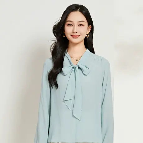 Q新款上衣女长小蓝袖碎花衬衫复古通勤立领单排扣衬衣图片