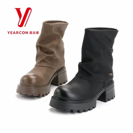 意尔康女靴2025新款秋冬季加绒短靴女粗跟中筒靴子高跟堆堆裤管靴图片