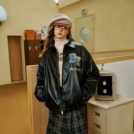 设计感毛巾绣PU皮棉服女冬季加厚棒球服外套2023新款复古宽松棉衣商品大图