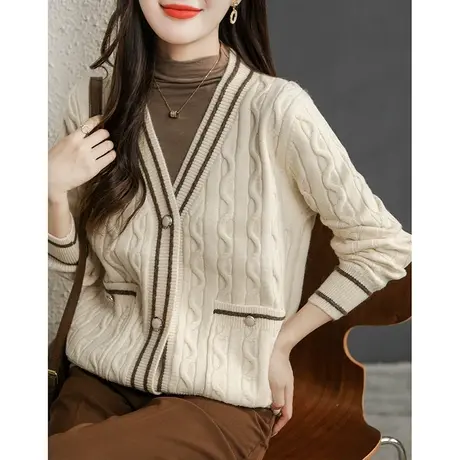 V领针织开衫女装2023秋季新款小外搭春秋装气质复古麻花毛衣外套图片