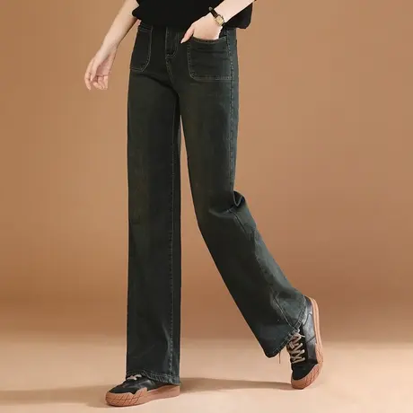 新品8.5折】复古高腰直筒磨毛牛仔裤女显瘦阔腿长裤子厚图片