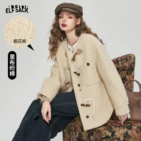 妖精的口袋复古粗花呢牛角扣大衣女2023冬季新款设计感毛呢外套图片