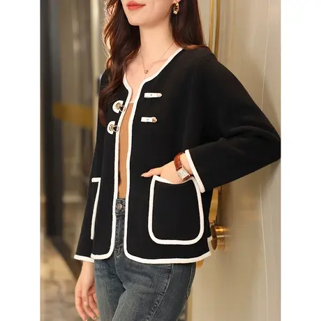 宝诗黎圆领宽松短款毛绒短外套女纯色包边口袋上衣2023春秋季新款商品大图