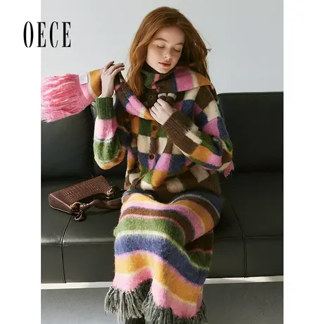 【双11新品】Oece彩虹格纹设计感毛衣女2023秋冬季针织开衫外套商品大图