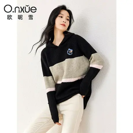 欧昵雪2023冬季新款时尚连帽减龄撞色毛衣女长袖宽松显瘦个性上衣图片