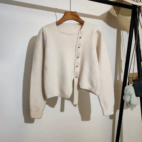 小香风毛衣女长袖针织衫秋冬2023新款圆领百搭短款不规则温柔上衣商品大图