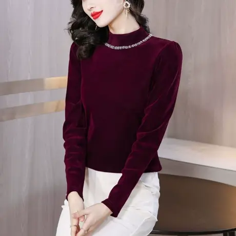 半高领丝绒打底衫女2023秋季新款超好看时尚镶钻女上衣设计感小衫图片