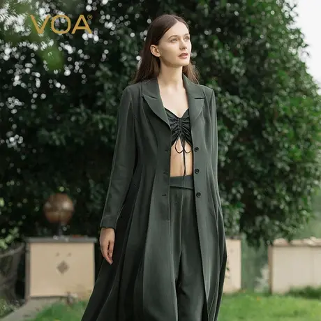 VOA真丝重磅30姆米墨绿西装领单排扣斜插袋砂洗工艺百搭长袖风衣商品大图