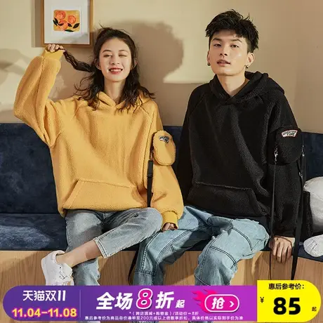 唐狮2020秋冬季新款情侣装卫衣男女加绒时尚可拆卸斜挎包仿羊羔绒图片