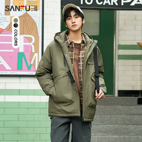 三福2023冬男士户外机能扣袢长棉衣 保暖宽松连帽外套男478772商品大图