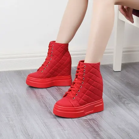 坚城帆布鞋女内增高12CM红色菱格坡跟厚底高帮婚纱神器运动休闲鞋商品大图