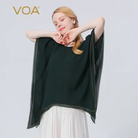 VOA真丝乔其纱墨绿色圆领中袖双层对丝工艺燕尾设计桑蚕丝T恤图片