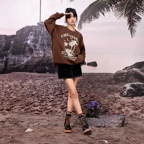 海边落日YEP咖色卫衣女春秋薄款宽松圆领插肩袖上衣小众设计感潮商品大图