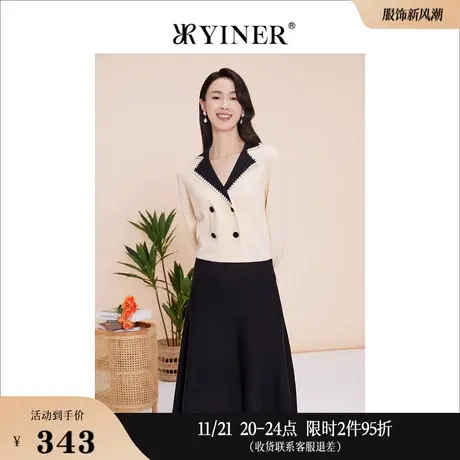 YINER音儿线上专选女装2023春季撞色螺纹收袖v领针织衫套头上衣图片