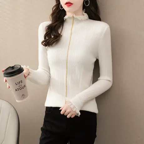 半高领纯色蕾丝领长袖打底衫女2023春装新款修身百搭内搭毛衣女士商品大图