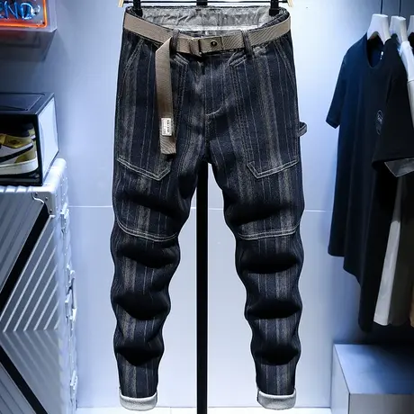 夏季薄款条纹牛仔裤男直筒宽松韩版潮流弹性时尚百搭长裤子男青年商品大图