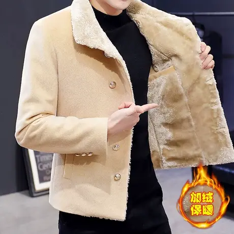 冬季加绒加厚水貂绒外套男士帅气短款毛呢子风衣帅气羊羔毛领夹克商品大图