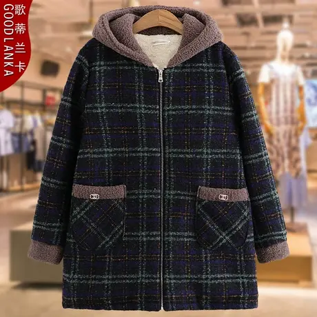 中老年女装冬季加绒棉衣大码妈妈装连帽加厚保暖格子棉袄棉服外套商品大图