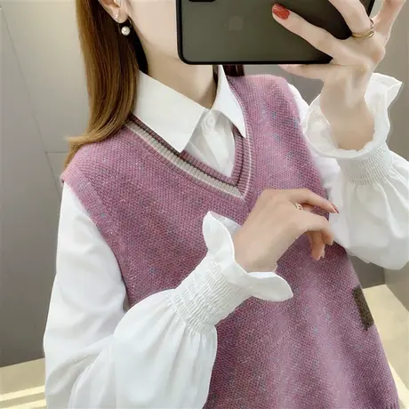 针织马甲叠穿背心2022春秋外搭女毛衣坎肩外穿宽松潮韩版V领马夹商品大图