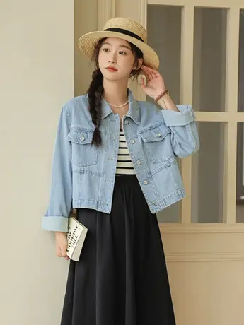 浅蓝色短款牛仔外套女宽松春夏百搭设计感小众夹克复古小个子上衣商品大图