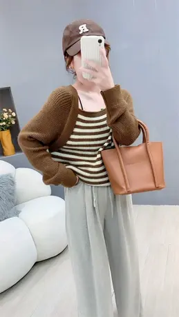 洋气条纹针织衫上衣女秋冬2023年新款气质百搭假两件短款方领毛衣商品大图