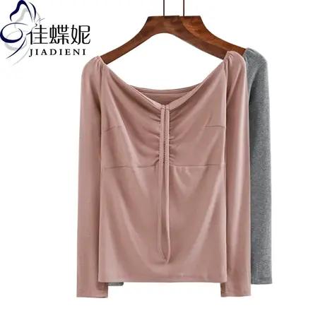 春秋季韩版新款V领长袖T恤纯棉弹力上衣开叉简约纯色显瘦商品大图