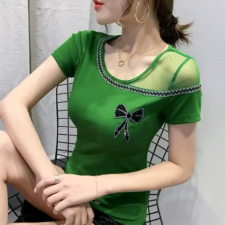 女装2024新款潮时尚烫钻T恤女短袖夏网纱拼接上衣洋气百搭小衫女商品大图